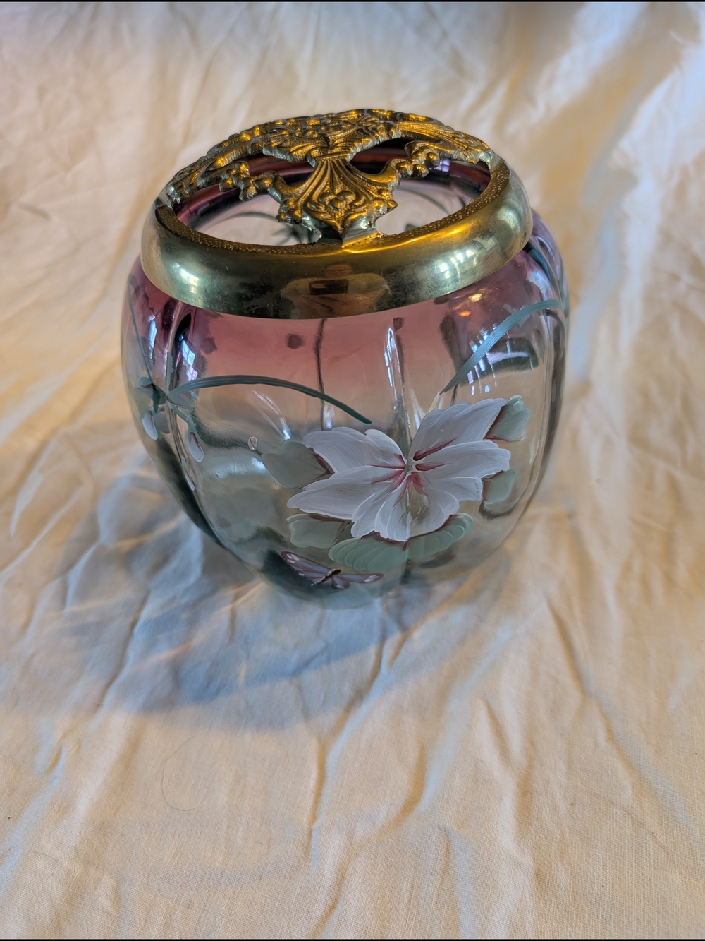 Fenton Rubina Verde Candy Dish Pink Glass Floral Bowl with Brass Filigree Top